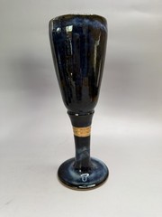 Studio Pottery Goblet Handmade Wine Chalice Drip Glaze Ceramic Blue Black