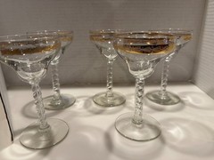 Set Of 5 Antique Crystal Stemware Gold gilding Margherita 5 1/4″h x 3″d