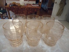 Set of 6 Pink Federal Glass Tudor Ring 4″ 9 oz. Water Tumblers Rose Etching 1935