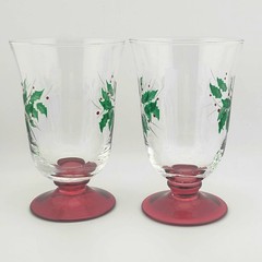 Set 4 Vintage GORHAM Red Footed Festive Holly Goblets All Purpose Water Glasses