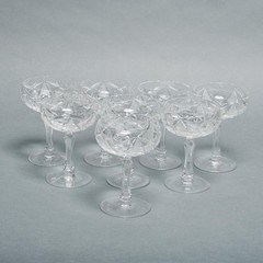 Cut Crystal Champagne Coupe Glasses Zipper Stem Hobstar Fan Diamond 8pc Set