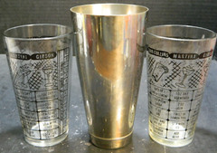 Vintage Set of (2) Cocktail Recipe Glasses & (1) Boston Metal Shaker Cup VG – EX