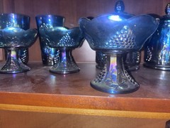 Vintage Indiana Glass Harvest Grape Blue Carnival Glass Candle Holders Set of 4