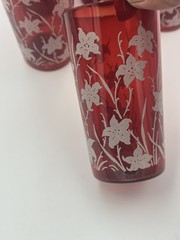 Vintage Ruby Red Juice Glasses 4.5” White Flowers Set Of 5