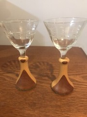 Vtg Set Of 2 Two Tone Wooden Stem Cordial Glasses Etched Flowers Handmade Base