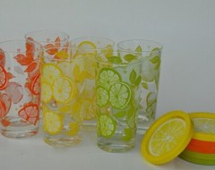 6 Vtg MCM Glass Tumblers Citrus Motif Bright Colors Lime Lemon Orange w Coasters