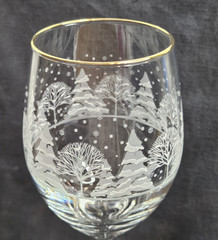 Libbey Arbys Frosted Winter Tree Scene Lot of 2 Wine Glasses/Goblet w/Gold Rim