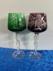 Rare Vintage Pair Bavarian Crystal Green & Purple Cut to Clear Goblets 8.25″