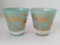 WILLIAM MEIER Half Rocks Glass 2 TEAL BLUE Frosted Bar Cocktail Glasses MCM