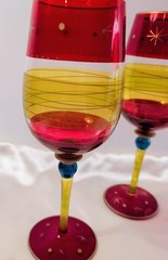 Water Goblets Set of 3 Pier 1 Festive Stripe Party Wine Gold Accents 9.25″ READ