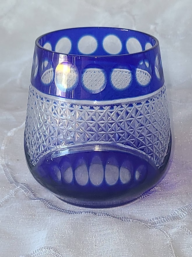 Vintage BOHEMIAN CZECH CUT CRYSTAL TUMBLERS COBALT BLUE to CLEAR 3.25″