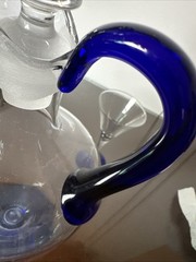 Vtg Mcm Wine Pitcher Clear And Cobalt Blue With Applied Handle &1 Cordial Glass