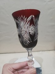 1 Wine goblet Glass, Dark Ruby Red Cut to clear Crystal brilliant HobStar foot