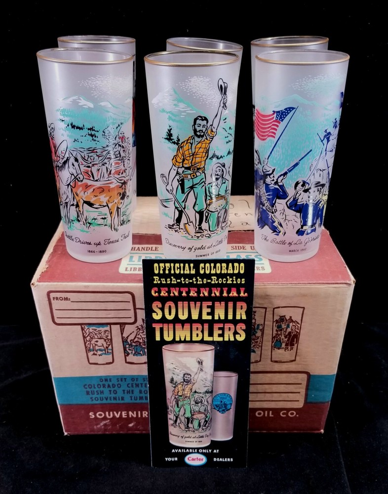 6 Vtg 1959 Rush To The Rockies Colorado Centennial Tumblers Complete Set 6.5″