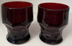Vintage Ruby Red Glass Tumblers Lot of 2 Faceted Base Water Juice Glasses 3”