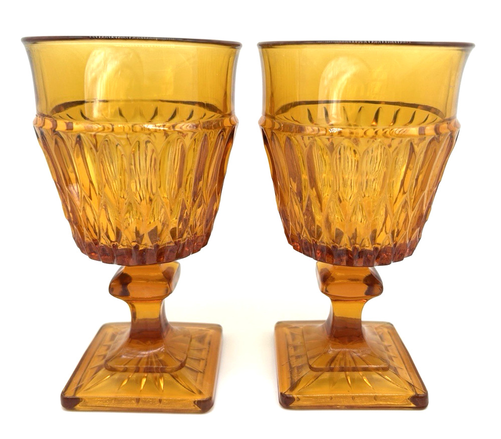 Pair of Indiana Glass Mt. Vernon Square Base Amber 6″ Goblets Cups Glasses