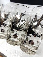 Silver Oak Leaf & Acorn Gold Guilt High Relief High Ball Glasses MCM 4 Vintage