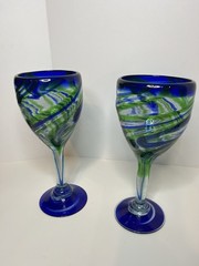 Pair of Swirling Blue/Green Hand Blown Glass Goblets Wine Glasses