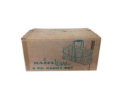 MCM Hazelware 9 pc Caddy Barware Drink Set. 8 Highball Glasses Gold Tone Carrier