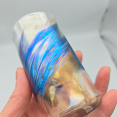 David Salazar Studio Art Glass Tumbler Iridescent Blue Pulled Feather 4″ Signed