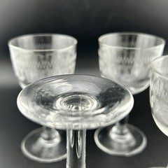 Antique Greek Key Etched Wine Sherry Cordials Set 4 c1900 EAPG 4⅛» Edwardian