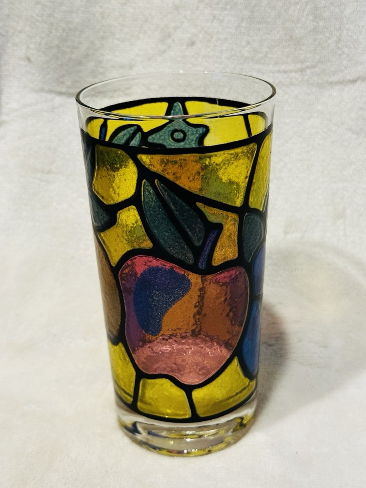 Vtg 60’s 70’s Tiffany Stained Glass Style Multi Colored Fruit OJ Cup Libbey