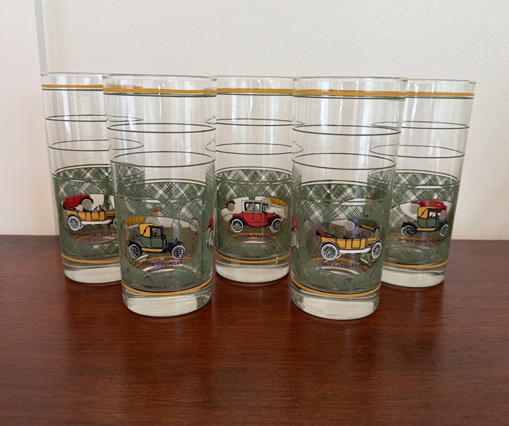 Vintage Libbey Classic 1914 Cars Tall Bar Glasses Cadillac Ford & Buick Set of 5