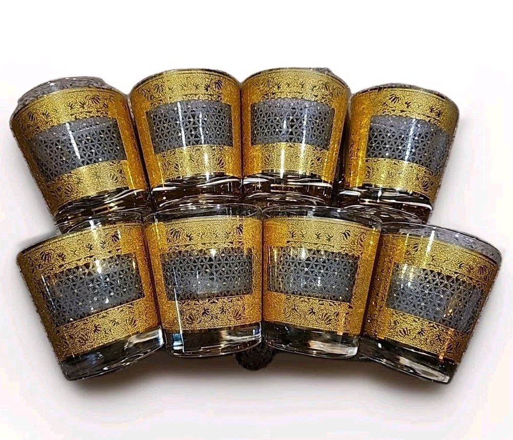 Kashmir Irene Pasonski Rock Wiskey Glasses-Set Of 8-22K Gold MCM Washington-Wow!