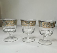 3 Vintage CERA Footed Rocks Glasses MCM Green Gold Grapes Columns 60’s Barware
