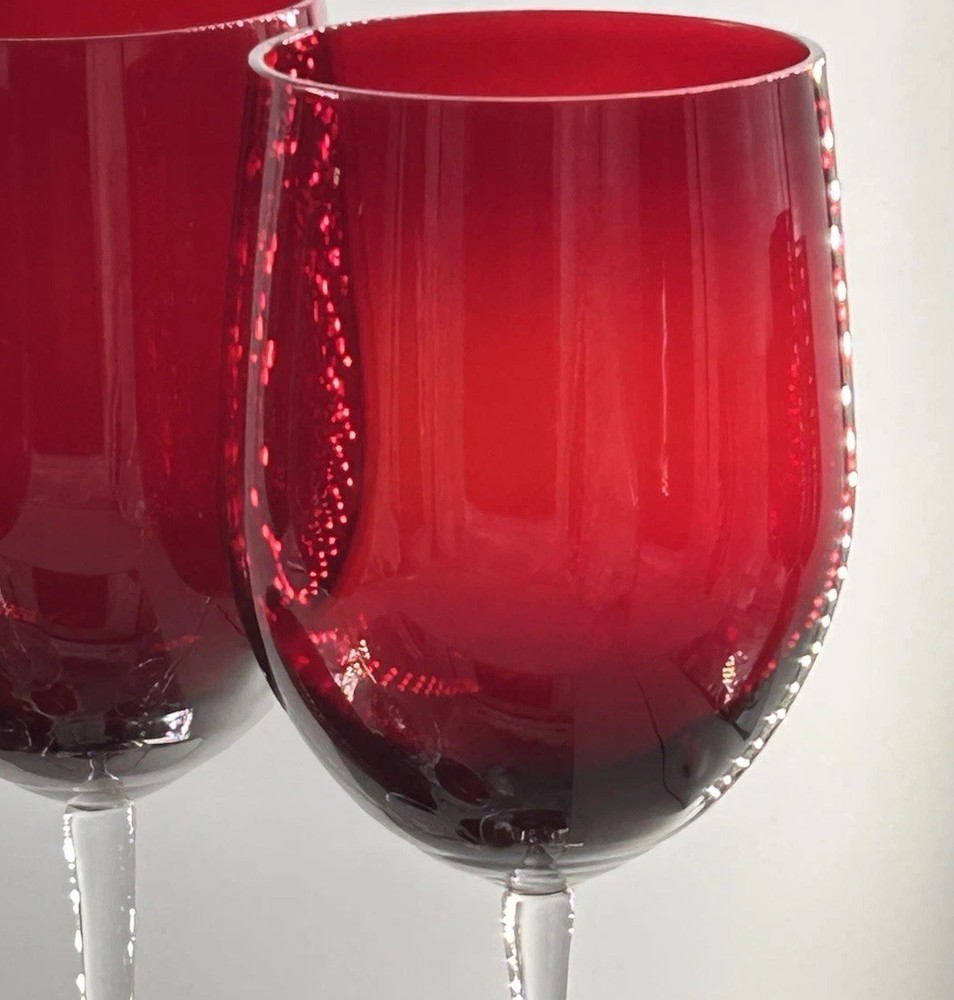 Set Of Six Amberina Ruby Red Wine Glasses Goblets Handblown Stemware 8.5”