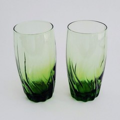 Retro Anchor Hocking Central Park Ivy Green Tumbler Glass Set of 2, MCM USA Made