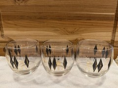 3 Mid Century Modern Gold & Black Atomic Diamond Pattern Old Fashioned Glasses