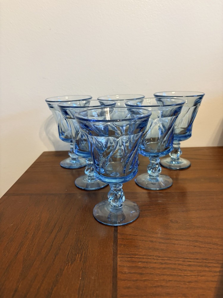 Fostoria Jamestown 6 Light Blue Vintage Water Glasses Wine Goblets About 6”