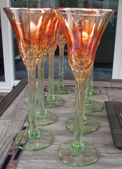 Lot 8 Signed Rick Strini Studio Art Glass Tulip Wine Goblets Marigold Iridescent