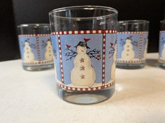 Vtg Anchor Hocking Debbie Mumm Snowman Set 4 Rocks Glasses 4” Blue White 1998