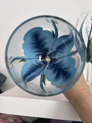 Set of 2 Hand Painted Signed Wine Glasses with Blue Flowers -8.75″ -Holds 14 oz