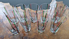 Vintage Clear Drinking Glasses With Green Red Stripes Hand Blown Set Of 9