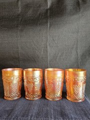 Fenton Marigold Carnival Glass Lattice & Grape Water Set Tankard & 4 Tumblers