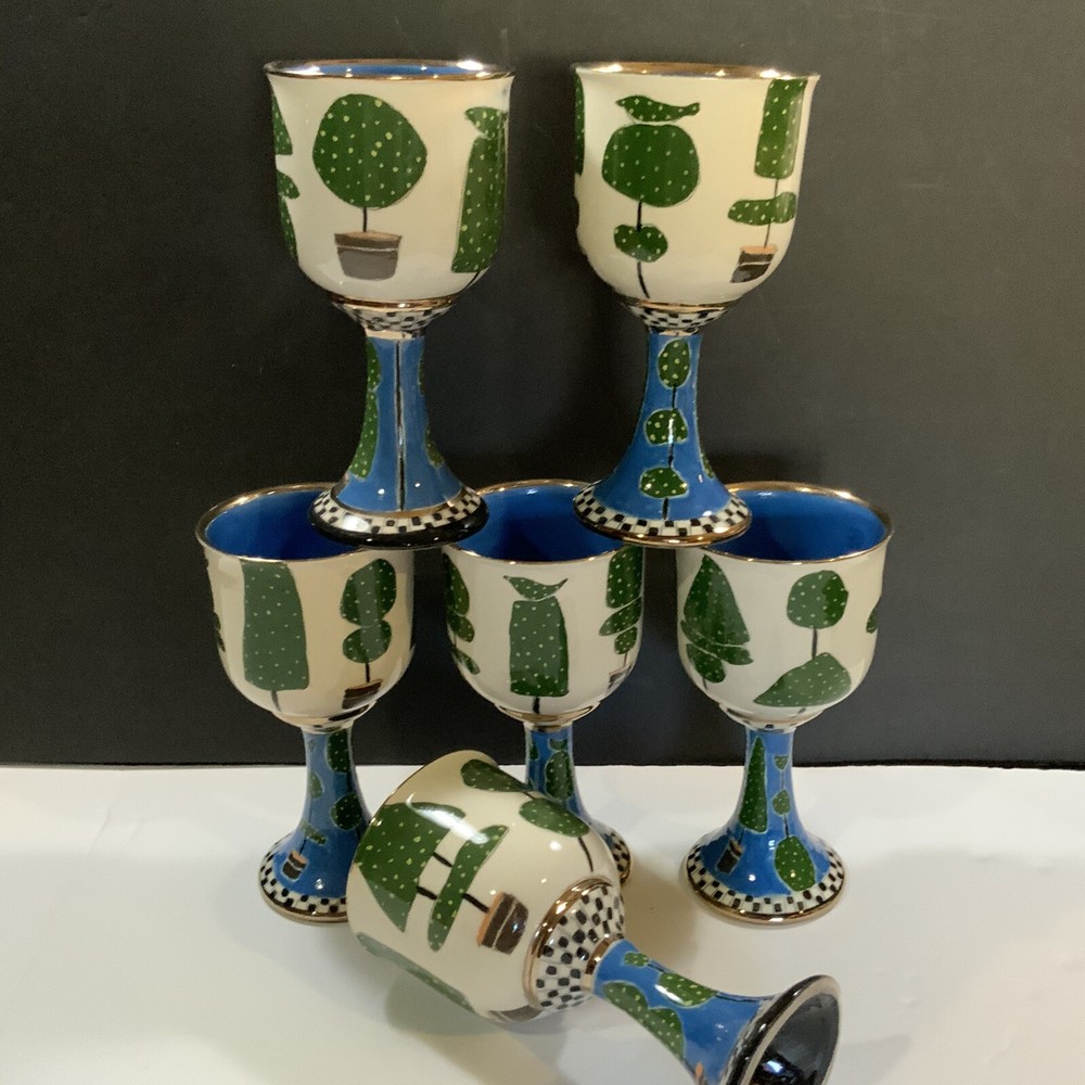 Linda Hogam Goblets Set Of 6 Blue Green Signed Hand Painted Vintage USA #40