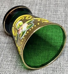 Murano Emerald Green Cordial Glass Gold Gilding and Enamel Flowers 5 pc Set