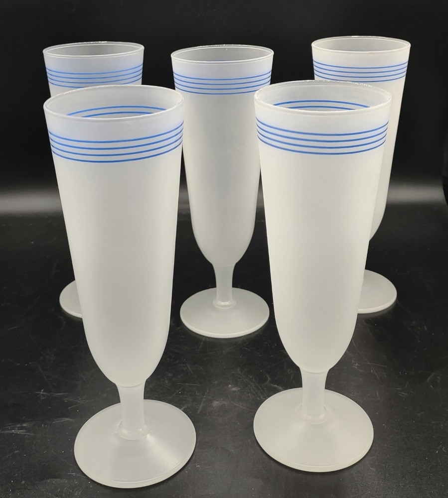 Vtg MCM Frosted Pilsner Glasses Barware Blue Stripe (5) EUC 8.25″ H