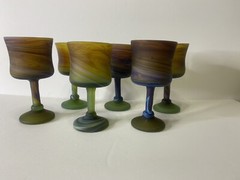 SIX HEBRON Hand-Blown Phoenician Glass Wine Goblets Matte Satin Multi ColorSwirl