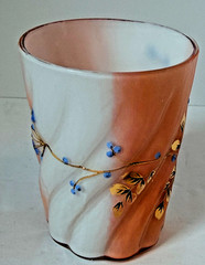 Antique Satin Glass Tumbler Peach Blow Style Hand Painted Enamel Floral Gilt Blu