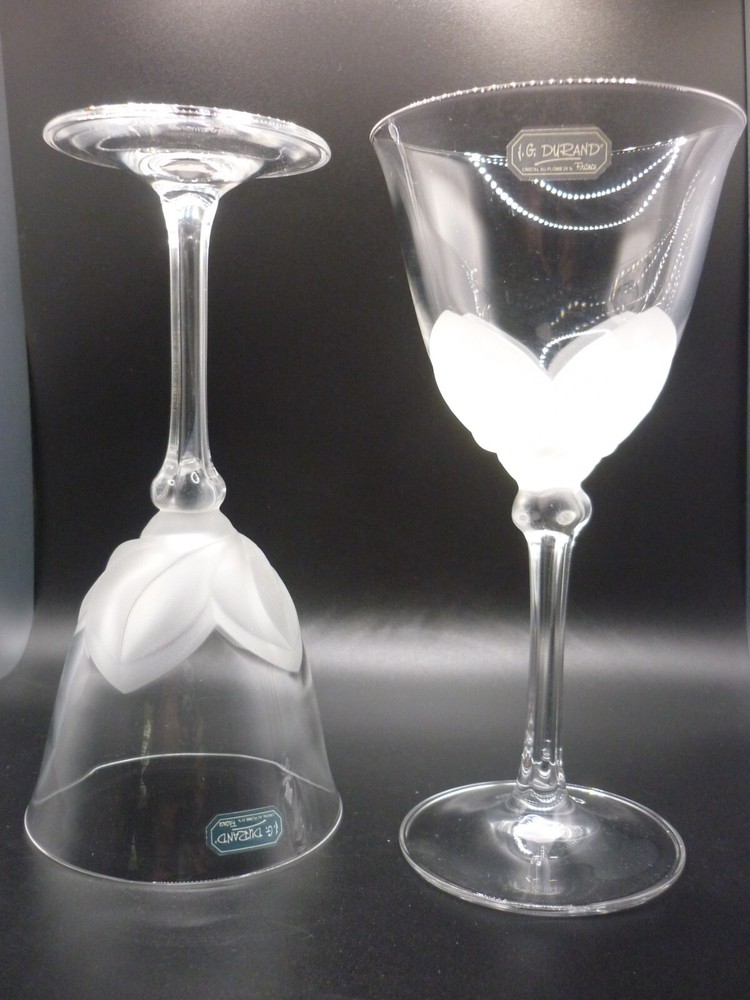 JG Durand FLORENCE 2 Wine Cordial French Glasses Hand Blown Frosted Flower