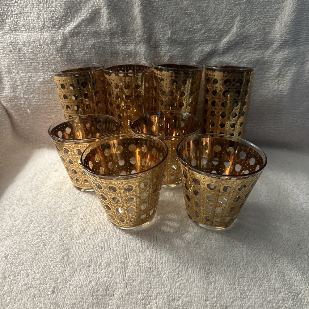 Vtg MCM Culver «CANNELLA» 22k Gold & Glass Cocktail Glasses (8) 4 High/4Low