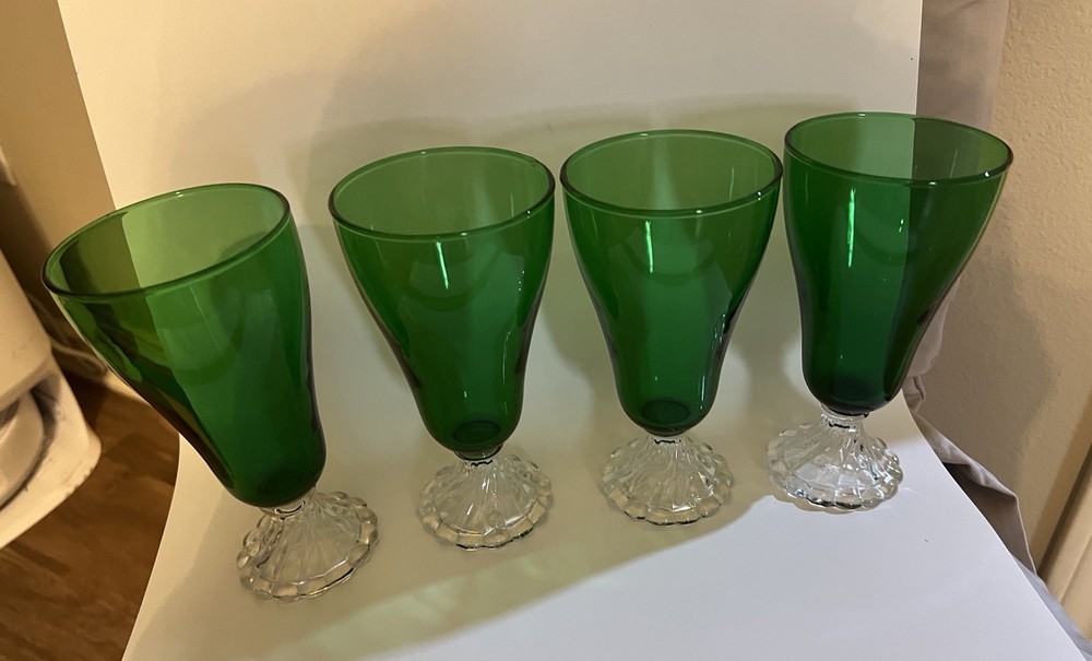 Mid Century Emerald Green Glass Goblets Clear Scalloped Foot Set of 4