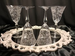 4 Cambridge CHANTILLY Lacy Needle Etch Optic Water/Wine Glasses Goblets Set