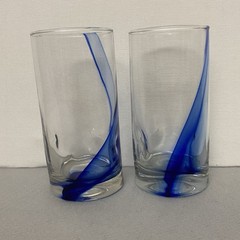 Vtg Highball Tumblers-Cobalt Blue Swirl – Set of 2-Hand Blown Art Glass 6”