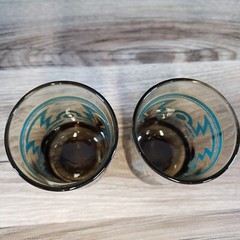 Lot OF 2 Vtg Anchor Hocking Smoked Glass Blue Brown Aztec Design 4″ JUICE Glass