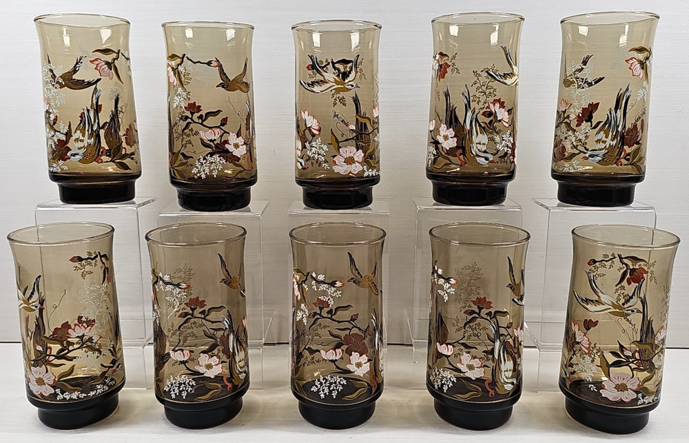 10) Yvette Perrin Dogwood Tumblers Set Vintage Smoke Brown Bird Floral Retro Lot